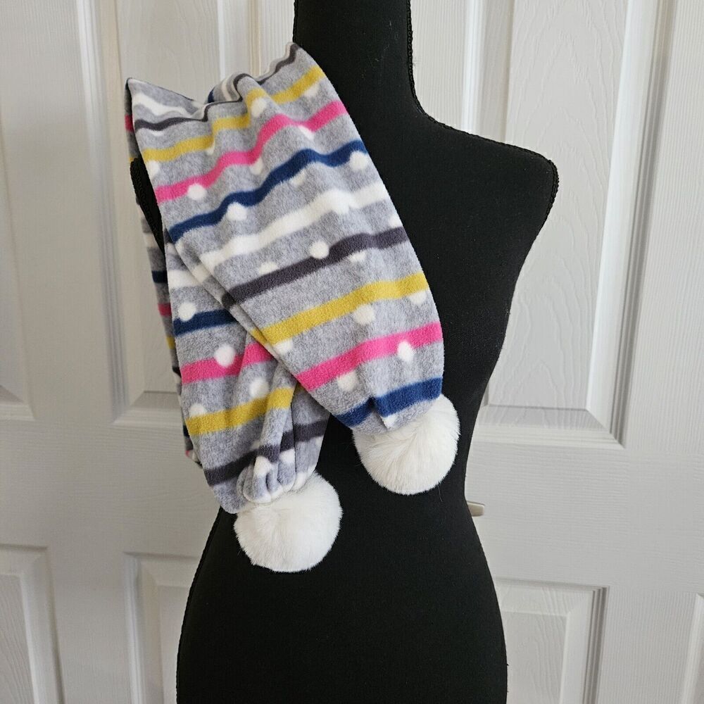 Cuddle Duds Pom Pom Scarf Fleecy Soft Neck Warmer Lt Gray w/ Polka-dots Stripes